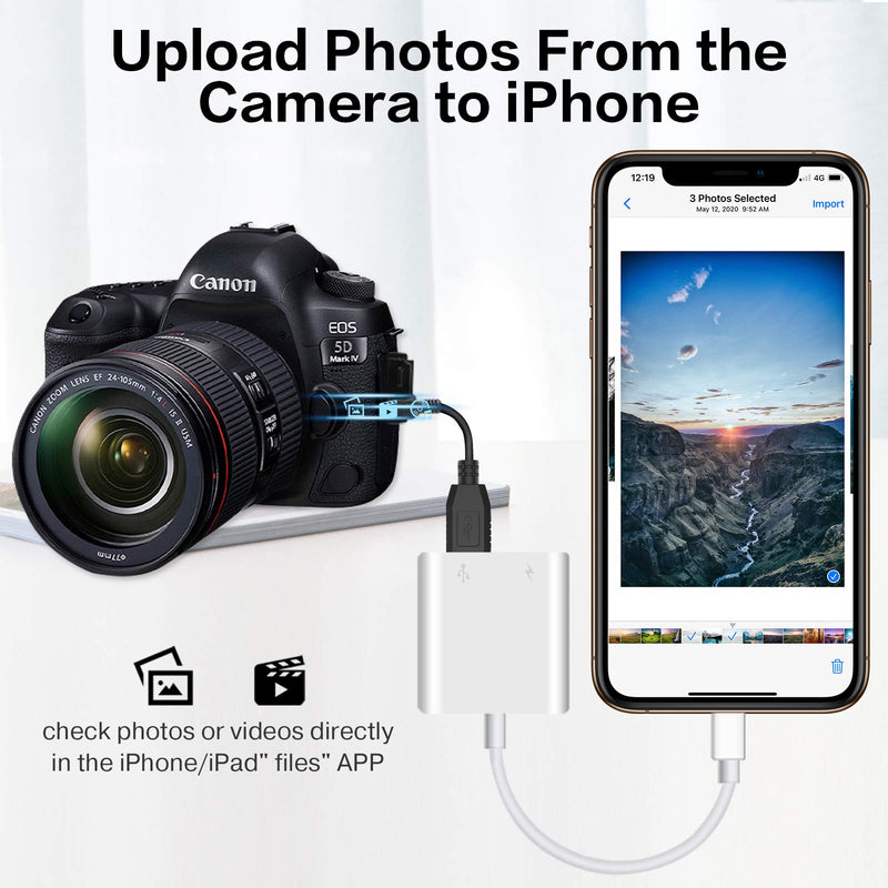 USB Camera Adapter with Charging Port, Portable USB Female OTG Adapter Compatible with iPhone iPad, iPad to USB Adapter Plug and Play Support Card Reader