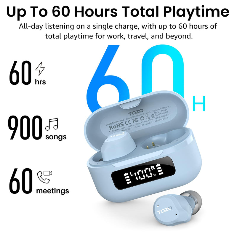 TOZO NC9 Hybrid Active Noise Cancelling Wireless Earbuds, 60H, LED Display | 6 Mic ENC Clear Calls, Deep Bass Sound, IPX8, in Ear Bluetooth 5.3 Headphones,32 EQs via APP,Comfort Fit Ear Buds,Light Blue Dusty Blue