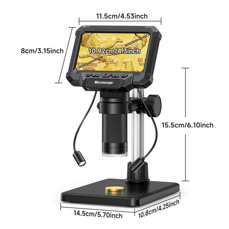 [AUSTRALIA] - 4.3" Coin Microscope for Error Coins (Detail View Only), 1000X Digital LCD Magnifier with Anti-Glare Side Lights, 1080P USB PC View (Win/Mac), Rechargeable Scope for Numismatic Grading 4.3inch 