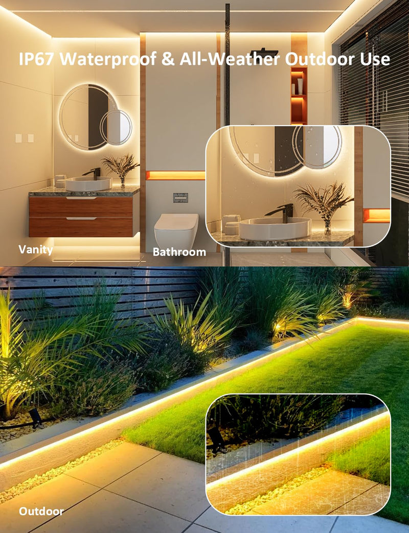 [AUSTRALIA] - 20FT COB LED Strip Lights Outdoor IP67 Waterproof,6M, Flexible DC 24V, Remote & App Control, Dimmable, Warm White 3000K Led Tap Lighting For Garden Patio ,Kitchen Living Room Bedroom DIY Decor 3000K-20FT 