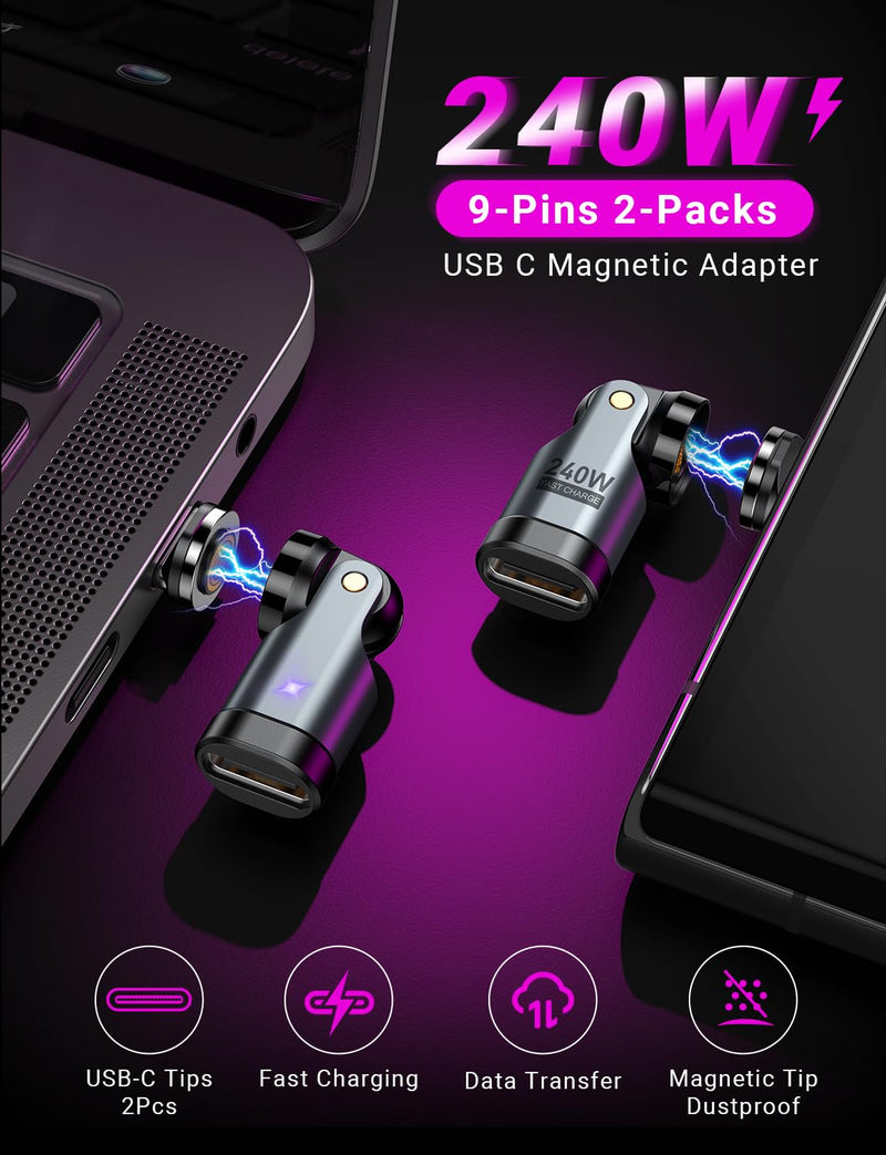 USB C Magnetic Adapter PD 240W(2Pack), 9PIN USB C 90 Degree Adapter/USB C Right Angle Adapter/180 Degree USB C Connector/USB C to USB C Adapter for Phone 16/15, Ma-Book Pro/Pad Series, Samsung Galaxy