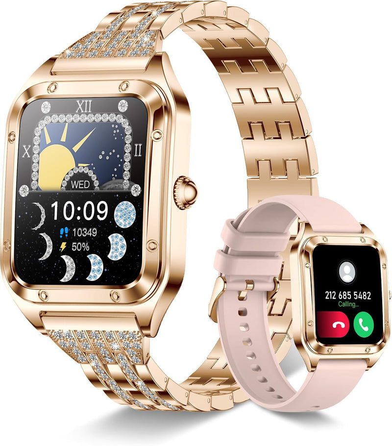 Smart Watch for Women 1.59" iPhone & Android Luxury Diamond Bluetooth Call | Fitness Tracker/AI Voice Control/Heart Rate Sleep Monitor, 120+ Sport Modes IP68 Waterproof, Rose Gold/2 Bands Rosegold 2(daimond rosegold+pink)