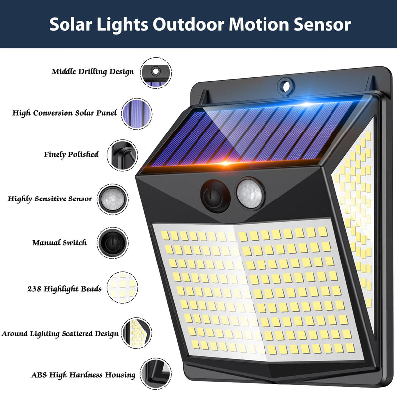 [AUSTRALIA] - Solar Lights Outdoor Motion Sensor - Solar Motion Detector Lamps for Outside, 238 LED with 300° Angle Illumination and 3 Lighting Modes, IP65 Waterproof Solar-Powered for Garden, Patio, Yard [4 Pack] [4 Pack] 
