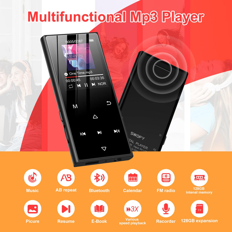 128GB MP3 Player with Bluetooth 5.3 - SWOFY D50 Music Player with Built-in HD Speaker, FM Radio, Voice Recorder, HiFi Sound, E-Book, Earphones Included
