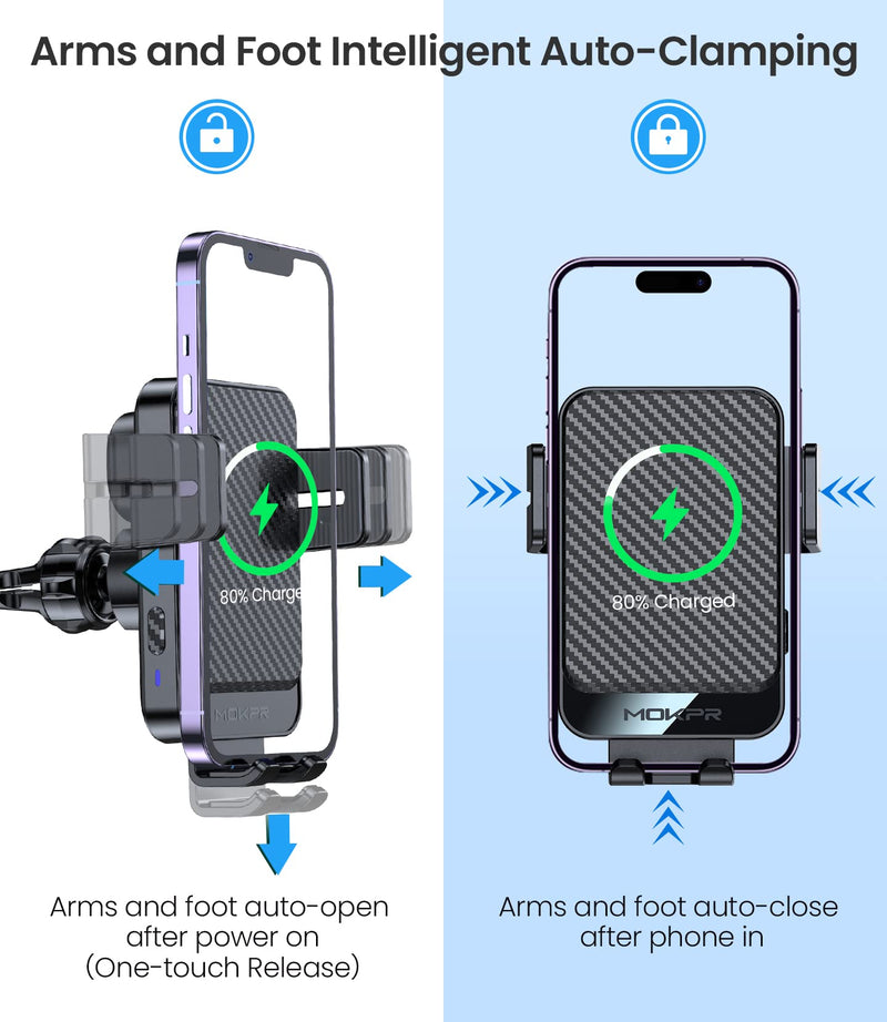 Wireless Car Charger, MOKPR 15W Fast Charging Auto-Clamping Car Mount Universal Hands-Free Car Charger Mount for Dash Windshield Air Vent Compatible with iPhone 16 15/14/13/12, Samsung S23/S22/S21,etc Grey