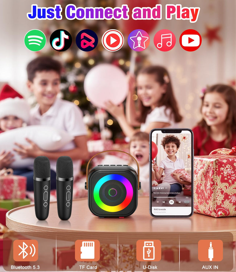 Mini Karaoke Machine, Portable Bluetooth Speaker with 2 Wireless Microphones for Kids & Adults, Karaoke Microphone with LED Lights, Gifts for Girls & Boys Black