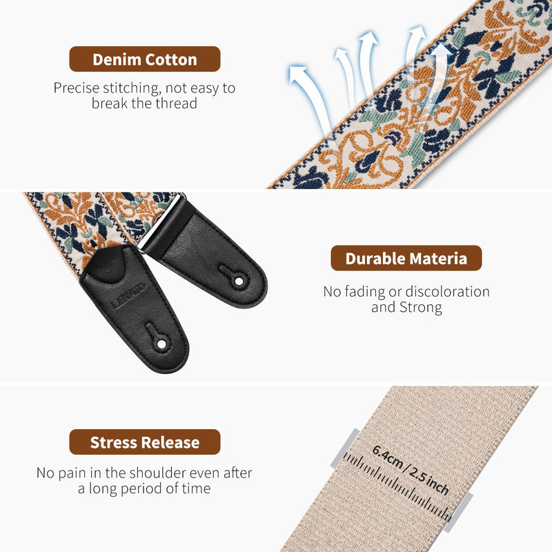 LEKATO Guitar Strap for Electric Bass Acoustic Guitar, Floral Jacquard Embroidery 2? Wide Guitar Straps Bass Strap Padded Guitar Straps with Picks & Blocks (Golden Flower White)