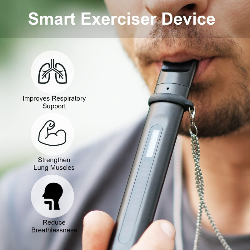 Breathing Trainer with Display | Portable, Rechargeable, Detachable Mouthpieces, Compact Handheld Design Black
