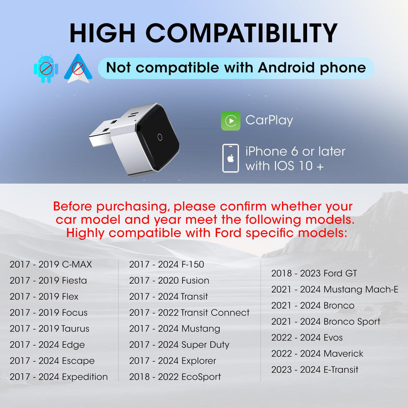 Wireless Carplay Adapter for iPhone, Convert Wired to Apple Carplay Wireless Adapter, Mini Size, Plug and Play, Connection Stable No Delay Car Play for Ford Specific Models