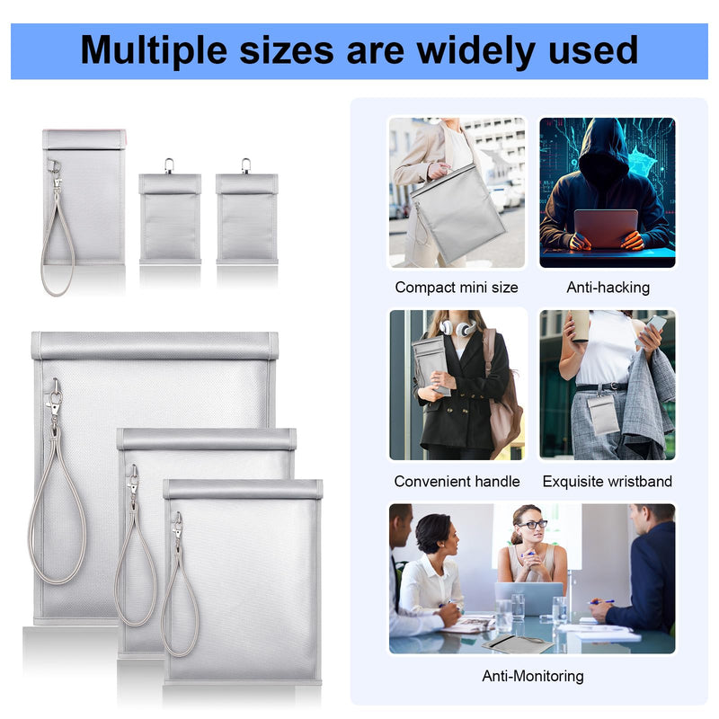 Shinylin 6 Pack Faraday Bags, Signal Blocking Pouches for Laptop Phone Car Key Tablet, Waterproof EMP Proof Anti Theft Anti Tracking Blocker Case (Silver) Silver