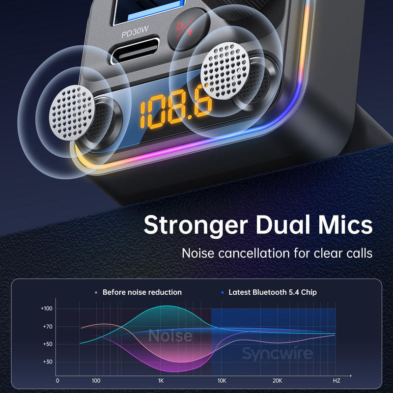 [AUSTRALIA] - Syncwire Bluetooth 5.4 FM Transmitter Car Adapter 42W [Light Switch] [Stronger Dual-mic] [HiFi Bass Sound] [Fast Charging] Wireless FM Radio Stereo Music Adapter Hands-Free Calling Support USB Drive Black 