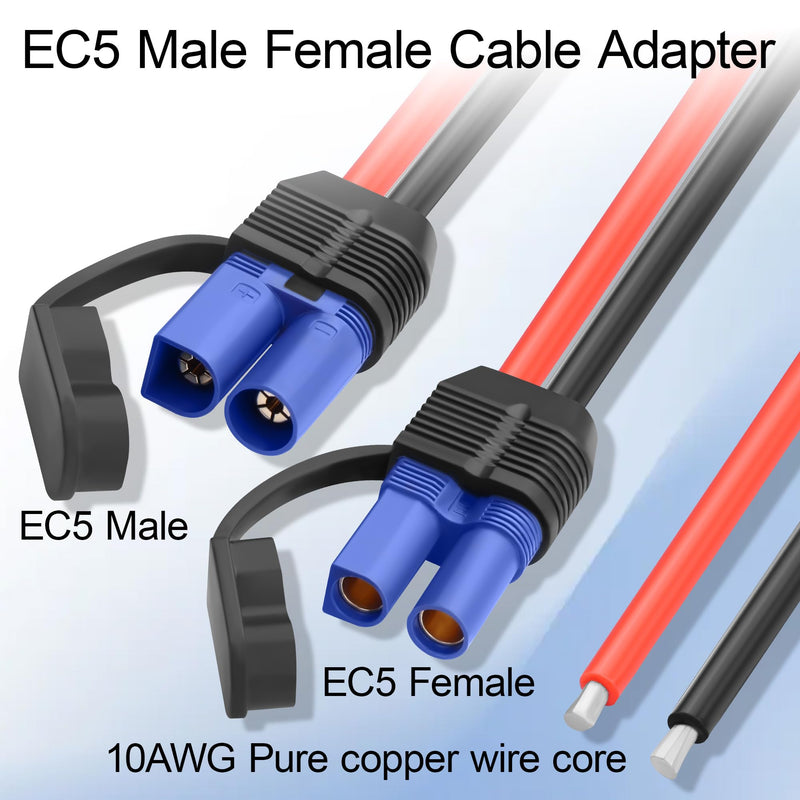 EC5 Connector Cable Pair,EC5 Male Female Banana Plug Adapter | with 10AWG Silicone Wire, 50A 24V Gold-Plated for RC Car Battery,Emergency Start,1 Pair,50CM
