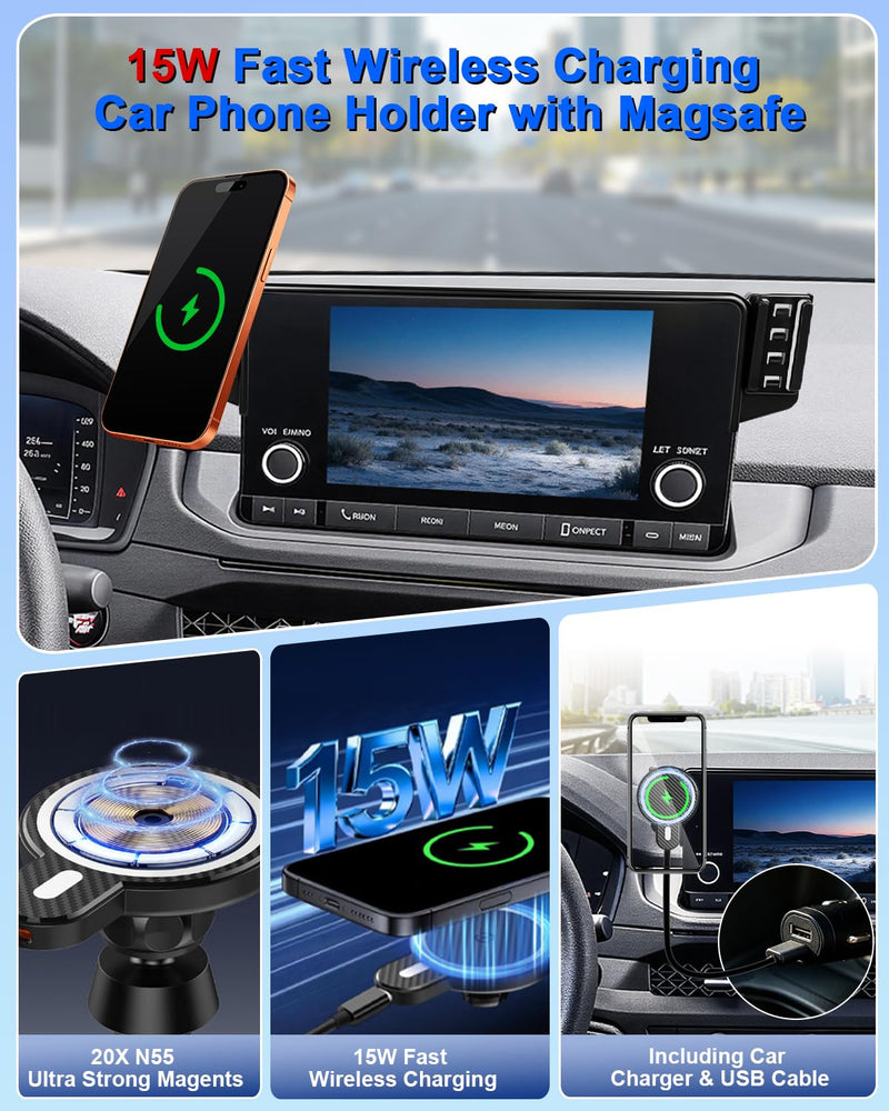 PZK Dual Car Phone Holder for Honda Accord 2023-2026 Accessories 7/9-Inch | For SE/EX/LE 15W Fast Wireless Charger with MagSafe Strong Magnetic 360° Rotation Phone Stand Hands-Free (Not Fit 12.3'') Honda Accord 2023-2026 (7/9-Inch)