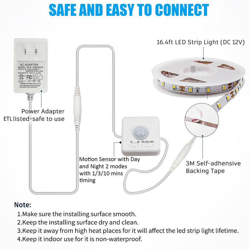[AUSTRALIA] - MY BEAUTY LIGHT Motion Activated LED Strip Lights, 16.4ft LED Light Strip with Day or Night 2 Lighting Modes, 3 Timing Off Modes, Bright White 12v Plug-in LED Rope Lights for Under Cabinet, Kitchen 
