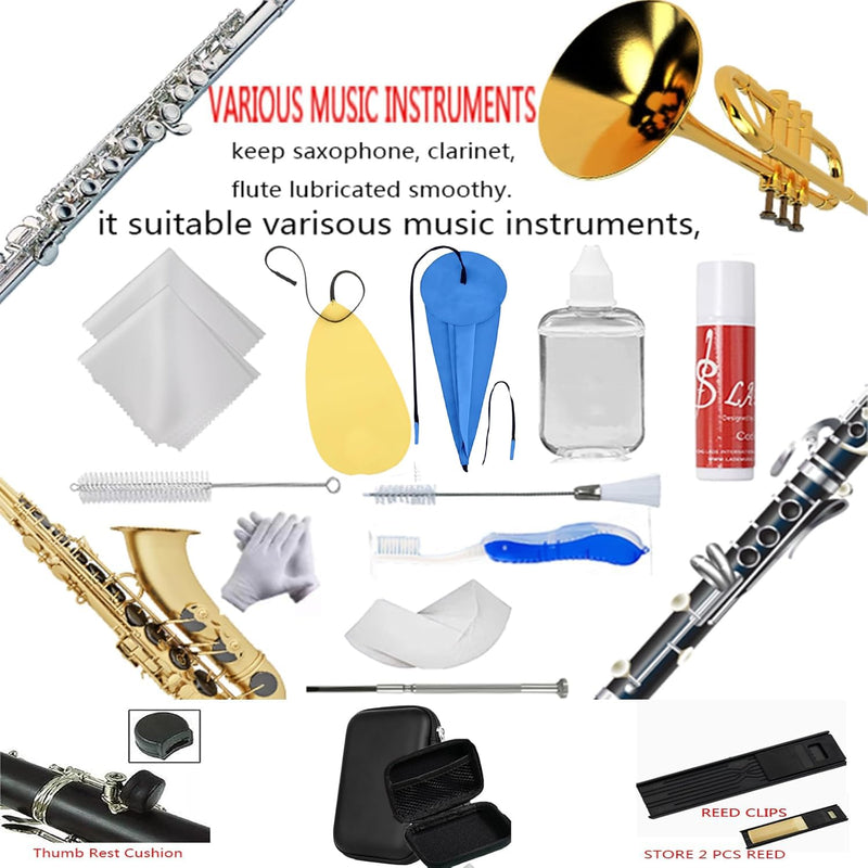Clarinet Cleaning Kit, Saxophone Cleaning Kit,Clarinet Accessories,Mouthpiece Brush,Dust Brush,Cleaning Cloth,Clarinet Reeds Swabs,Finger Rest,Cork Grease,Pads Absorbent Cloth,Cleaning Care Kit