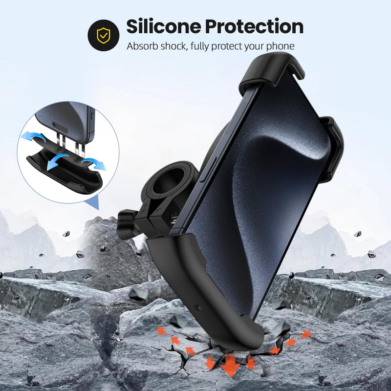 Bike Phone Holder, Motorcycle Phone Mount 360°Rotatable Handlebar Cell Phone Clamp Scooter Phone Clip for iPhone 15 Pro Max/Plus,14/13/12/11,Galaxy S24 Ultra/S23/A15/A54/S9 and More 4.7"-7.3" Phones