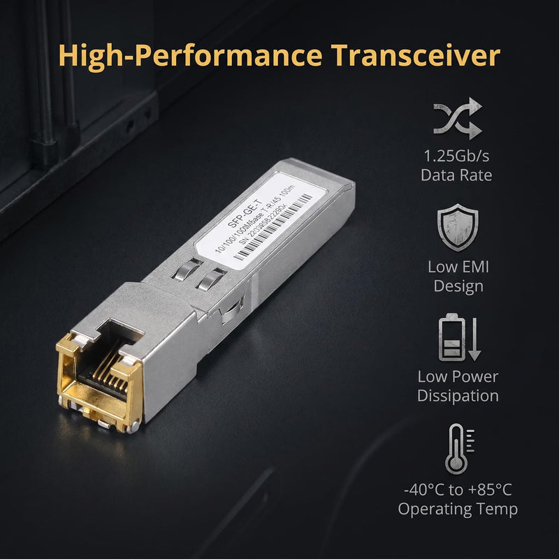 1.25G SFP to RJ45 Copper Transceiver Module, 10/100/1000BASE-T, Hot Pluggable, CAT5e UTP Cable, Up to 100m, Compatible with Cisco, TP-Link, D-Link and More