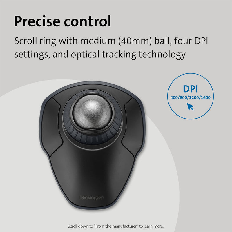 Kensington Orbit Wireless Trackball with Scroll Ring - Space Gray (K72675WW) Black-Grey