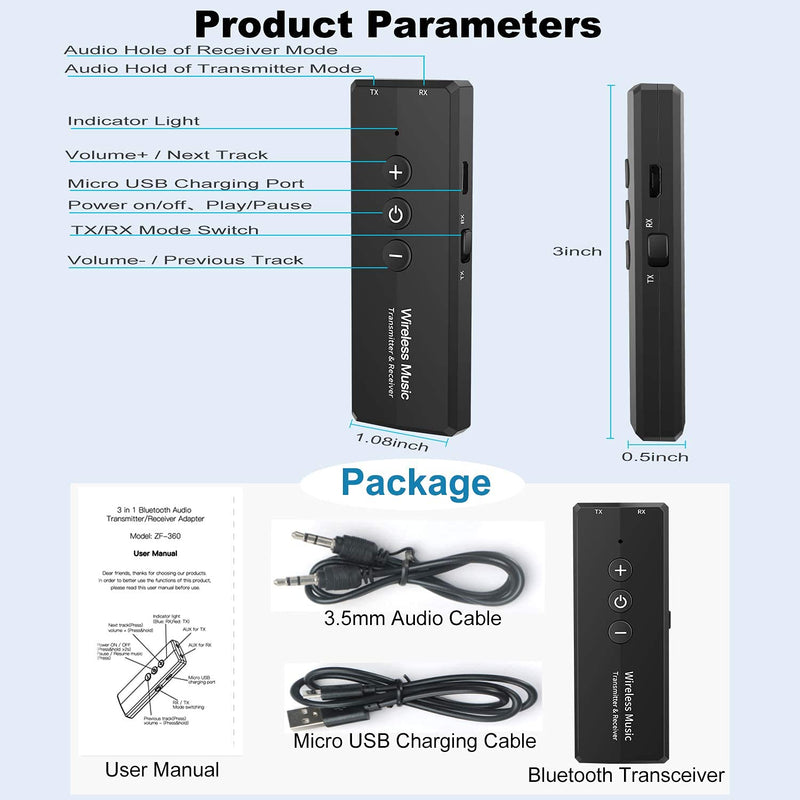 [AUSTRALIA] - Upgraded Bluetooth 5.3 Transmitter Receiver 3-in-1, Isobel Wireless 3.5mm Audio Adapter for TV PC Headphones Home Sounds System Car/CD-Like Voice Enjoyment Black 