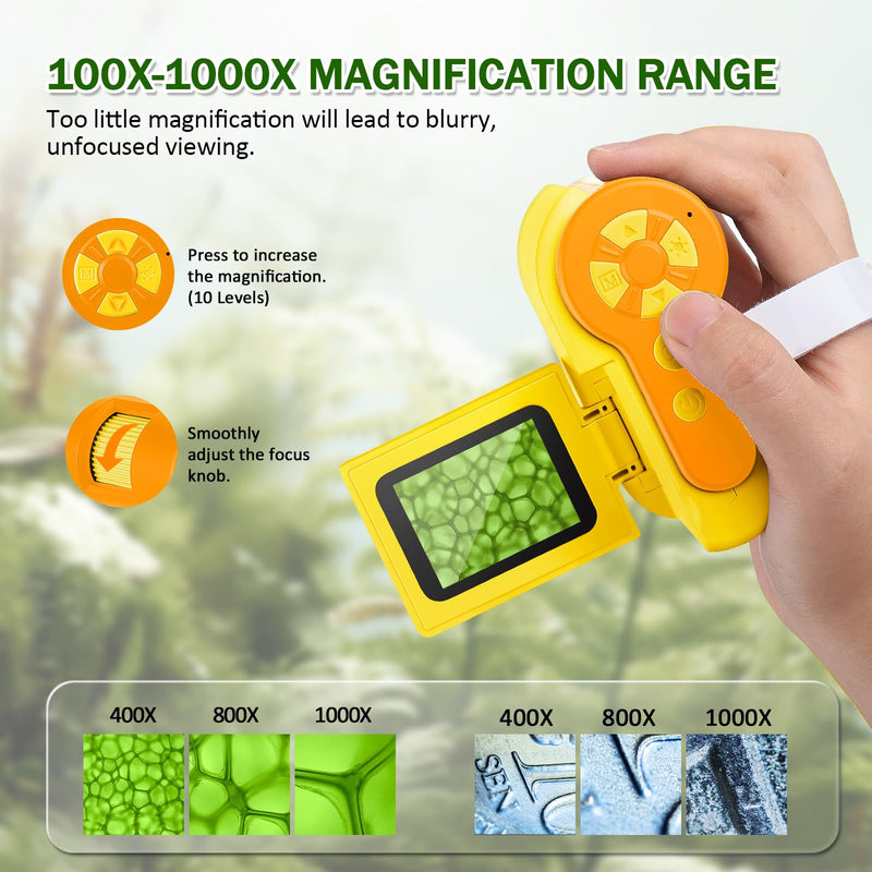 [AUSTRALIA] - 1000X Microscope for Kids 8-12, 4K HD Screen with 6 LED Lights, Portable Microscope for Outdoor STEM Learning, Rechargeable Science Kit, Birthday Easter Gifts for Kids Yellow 