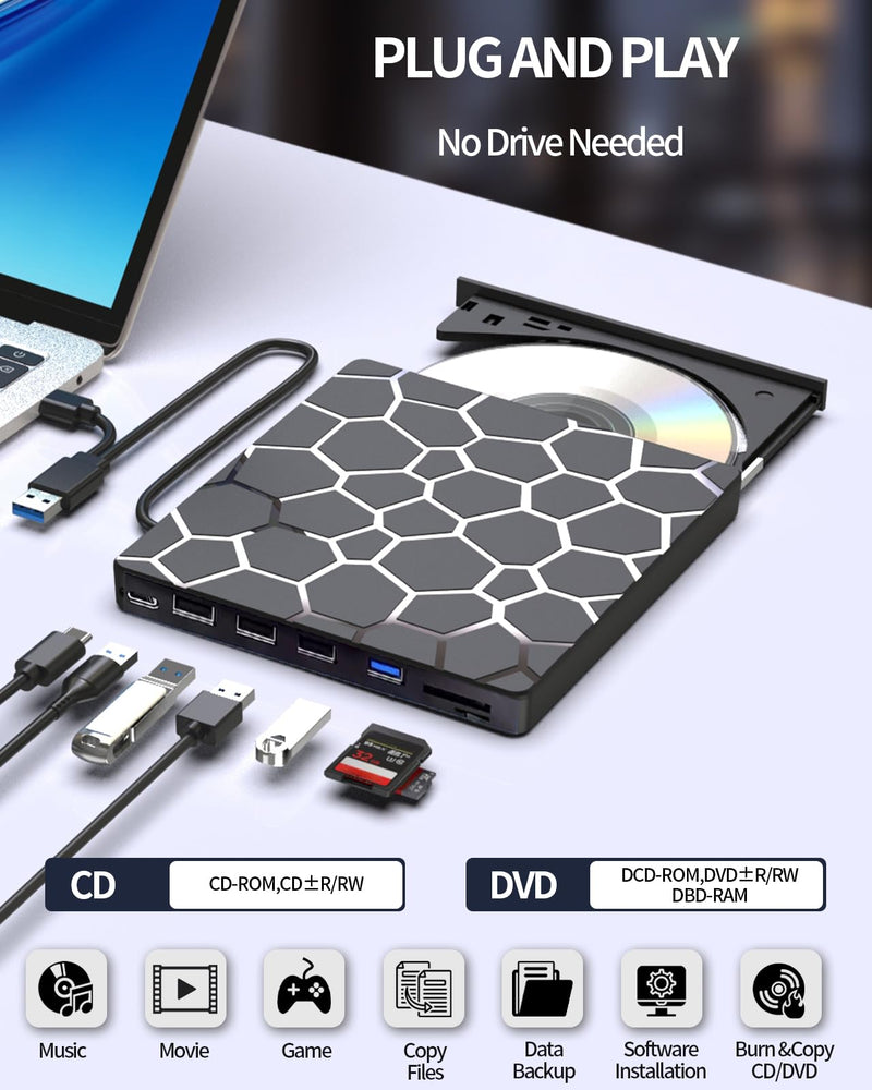 8 in 1 External CD DVD Drive USB 3.0 and Type-C Disc Reader Burner Player | Optical Drive for PC Laptop Desktop MacBook Mac Windows Linux OS Apple 8 in 1