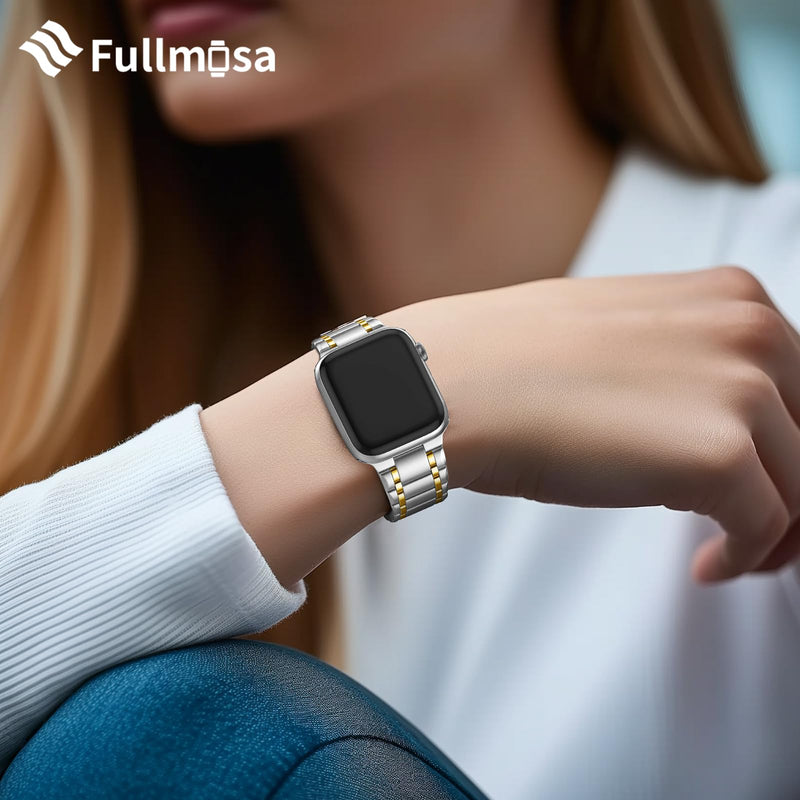 Fullmosa Compatible Metal No tools needed Apple Watch Band 44mm/45mm/42mm Rose Gold with Case & Compatible Stainless Steel Apple Watch Band with case 44mm/45mm/42mm,Silver with Gold