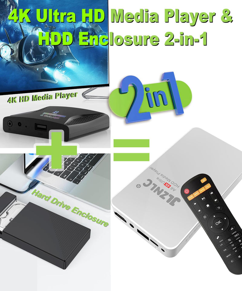 [AUSTRALIA] - 4K Ultra HD Media Player & HDD Enclosure 2-in-1,Digital Signage, Play H.265/HEVC H.264/AVC MP4 MKV Videos,MP3 Music,JPG Photos,Auto Playback and Resume,Supports HDDs,USB/MicroSD,4k HDMI,Analog AV. 
