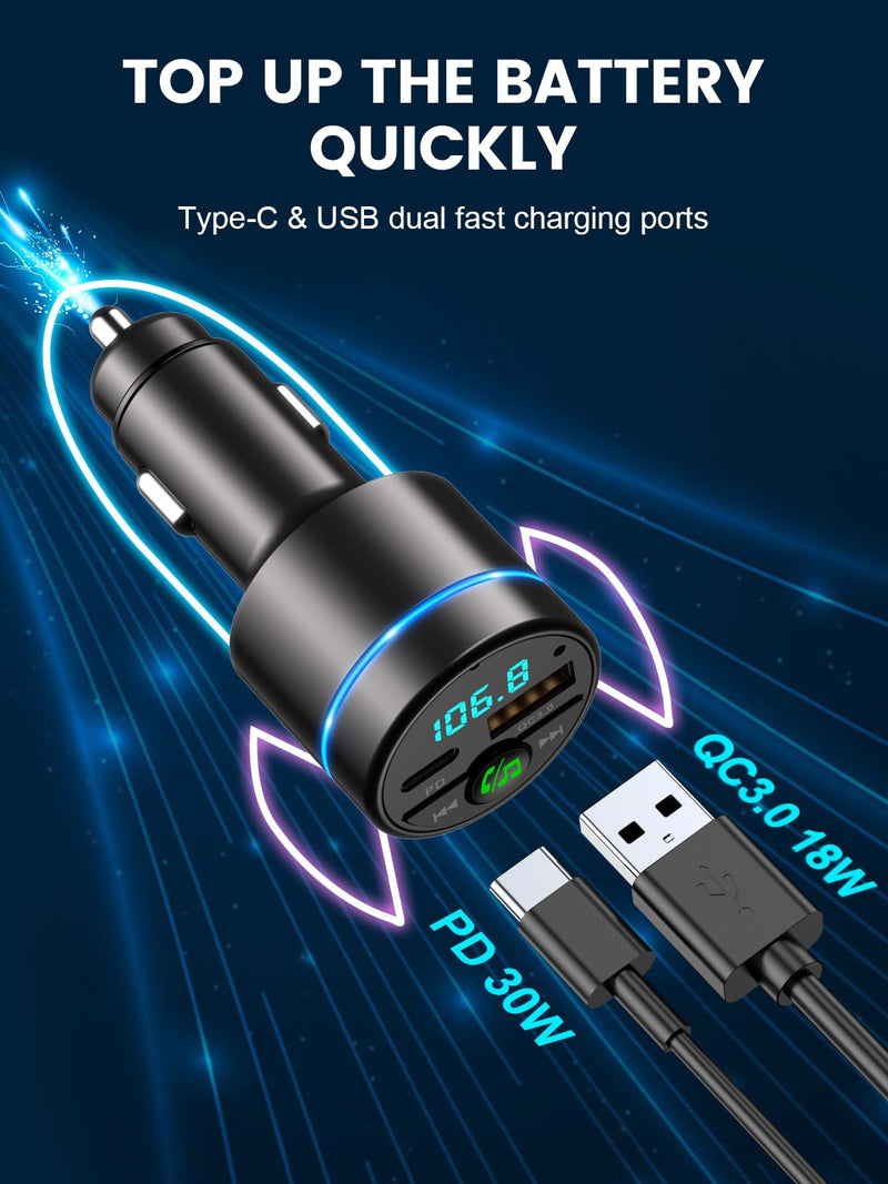 FM Transmitter for Car Bluetooth 5.3, [All-Metal] PD 30W & QC3.0 18W Fast Car Charger, Wireless FM Radio Car Kit Bluetooth Car Adapter, Noise Cancelling Hands-Free Call, Blue Light - Black