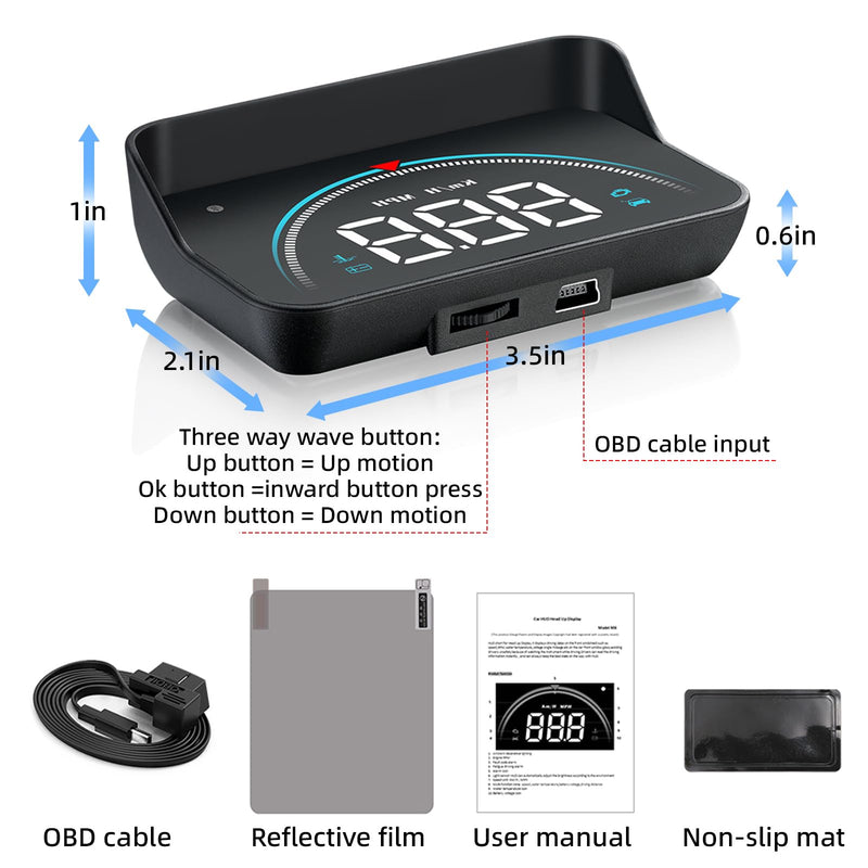 Windshield Head Up Display for Cars, OBD2 Head Up Display Digital Speedometer for Car HUD Projector Car Speedometer Display with RPM, Volt, Water Temp, Mileage, Overspeed Alarm, Fatigue Driving Alarm