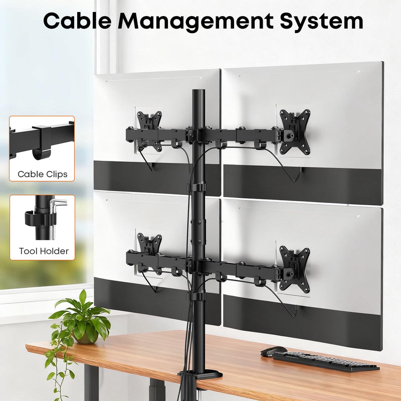 PUTORSEN Quad Monitor Desk Mount, 4 Screens, 17-32", 19.8 lbs Each | Fully Adjustable Stacked Mount with Heavy-Duty Arms, Tilt & Swivel, VESA 75/100, C-Clamp & Grommet Base, Black