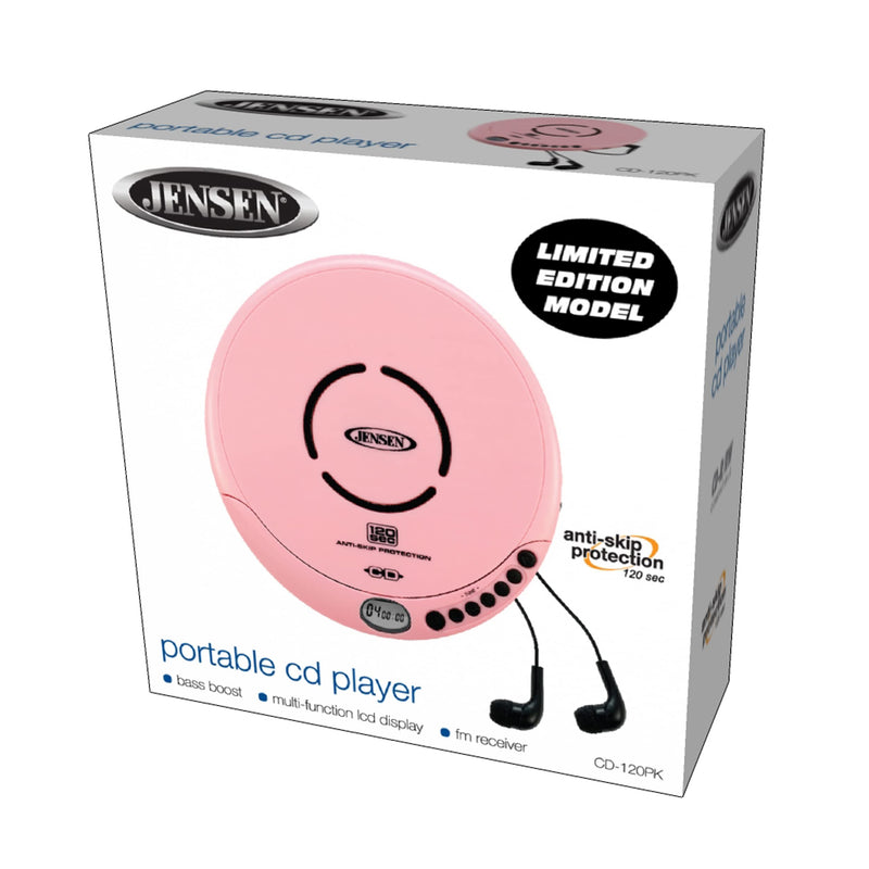 Jensen Portable CD-120 Portable Personal CD Player Compact 120 SEC Anti-Skip CD Player – Lightweight & Shockproof Music Disc Player & FM Radio Pro Sport-Earbuds for Kids & Adults (Pink) Pink