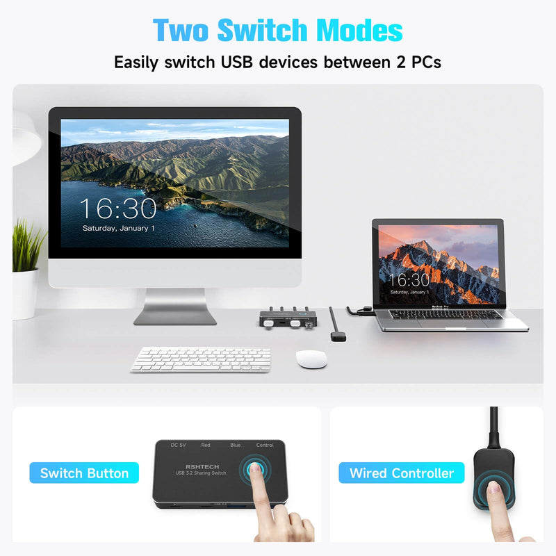 [AUSTRALIA] - RSHTECH USB 3.2/USB C Switch 10Gbps 2 Computers Share 4 USB 3.2 Ports(2 USB-A+2 USB-C), USB Switcher Selector with 2 Cables and Controller for PC Laptop (No Video Output or Charging) 