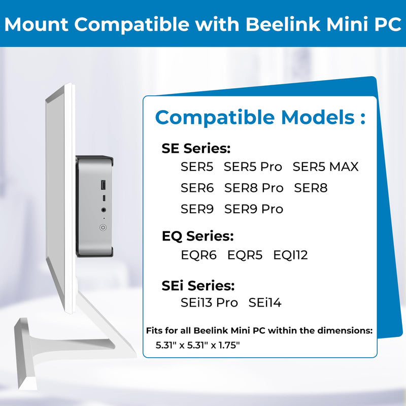 Metal Mini PC VESA Mount for Beelink SER5 Pro, EQi12, SER5 MAX, SER8, SER9 Pro, SER9, SER8 Pro, SER6, EQR6, EQR5, SEi13 Pro, SEi14, Vesa/Wall/Under Desk, Mount for Beelink, with Holder, Black