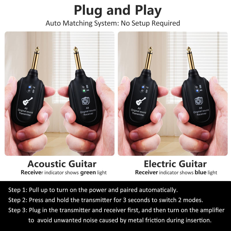 A8 Wireless Guitar Transmitter Receiver System, 2.4GHz Rechargeable, 24-bit/48KHz Audio, Low Latency <4ms for Electric Guitar & Bass, Wireless Audio Transmitter & Receiver (A8(1TX+1RX)) A8(1TX+1RX)