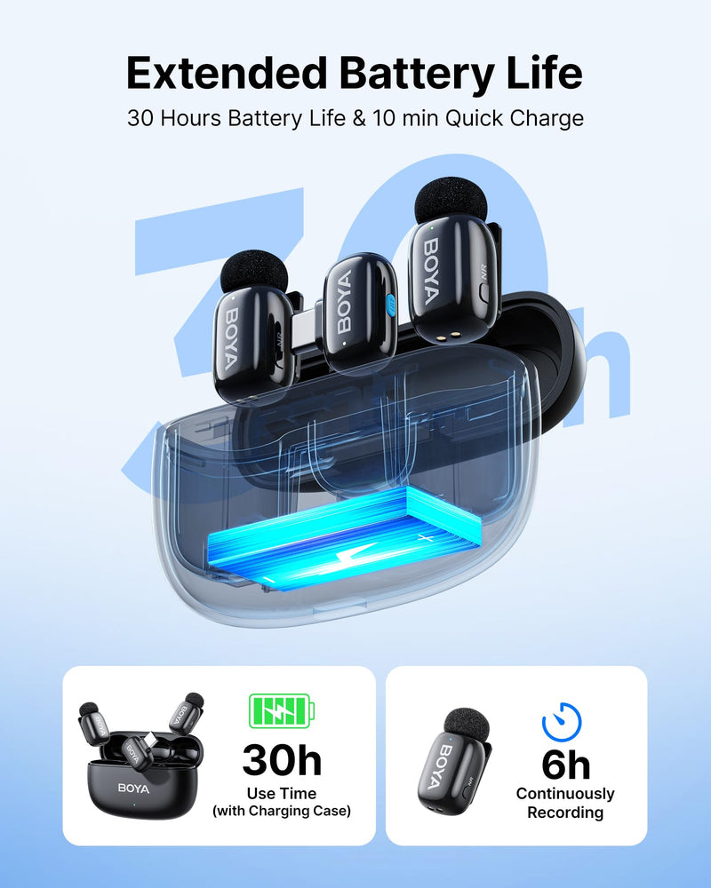 [AUSTRALIA] - BOYA mini 2 Wireless Lavalier Microphones for iPhone 15/16/17 & Android, AI Noise Cancellation, App Control, 30H Battery Life with Charging Case, Lapel Microphone Wireless for Video Recording Vlogging Black 2TX+USB-C RX+1CC 