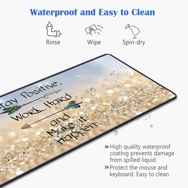Desk Pad Mat Gaming Mouse Pads with Coasters, 31.5" ×11.8" Large Non-Slip Rubber Base Mousepad with Stitched Edges for Office & Home (Stay Positive Work Hard and Make It Happen Inspirational Quote)