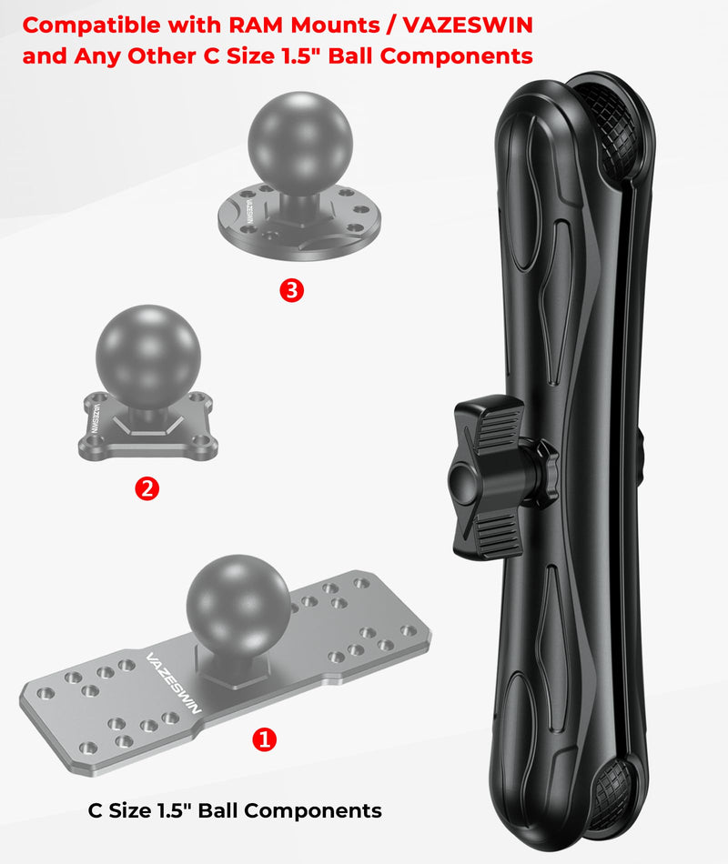 VAZESWIN 1.5" Ball Aluminum Alloy Double Socket Arm, 9.1" Length Long Arm | Compatible with RAM Mounts C Size 1.5" Ball Components, 360° Rotation, for Fish Finder Mount, Marine Electronic Mount