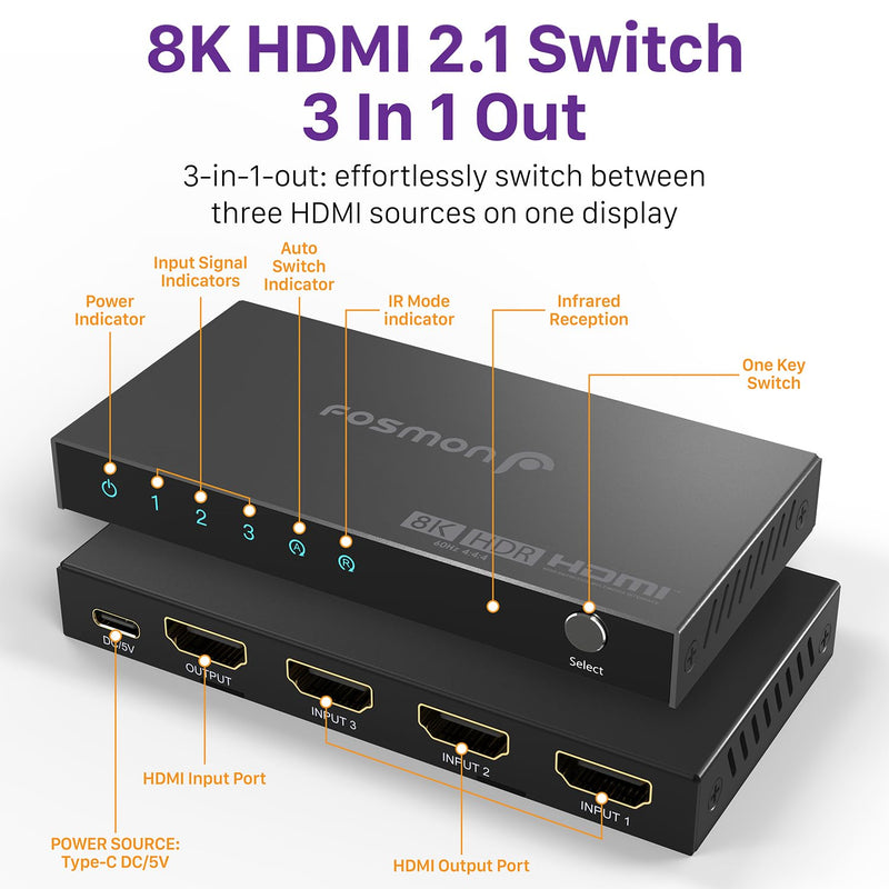 Fosmon 3-Port HDMI 8K Switch with Remote, Support 8K@60Hz 4K@120Hz HDR10+ HDCP 2.3 High Speed 48Gbps 3 in 1 Out Auto-Switching 3x1 HDMI 2.1 Switcher Splitter Hub Compatible with PS5, Xbox X, Apple TV