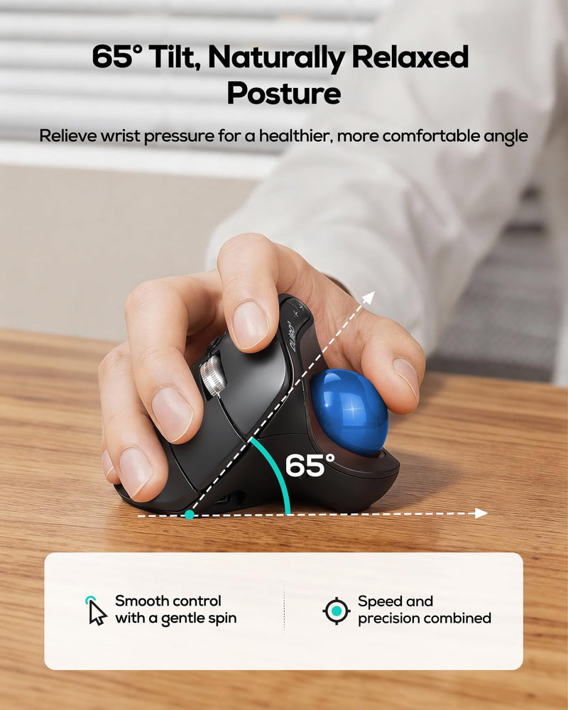 Nulea Wireless Trackball Mouse Ergonomic Vertical Design Thumb Control | Rechargeable mouse with quiet clicks,4 DPI levels,3 device Bluetooth & USB receiver,smooth tracking,compatible with PC-Blue B-Blue