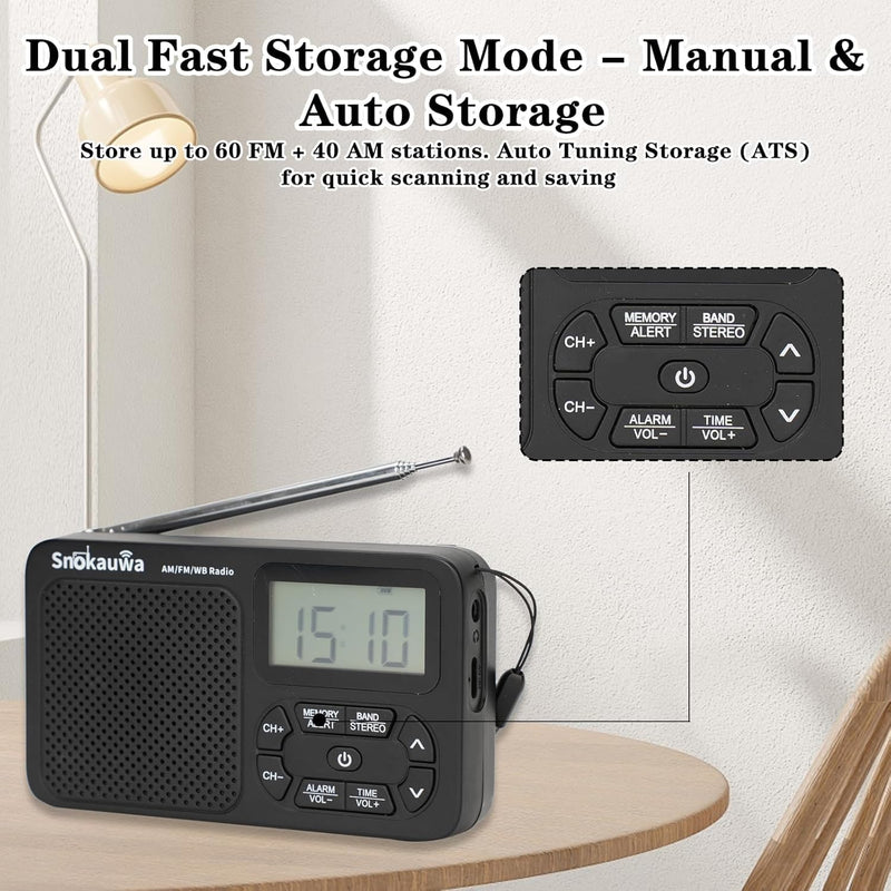AM FM Radio, Portable Emergency Weather NOAA Radio, Small Digital Radio with Dual Mode Storage, Digital Tuner, Sleep Timer, Wall Plug and Battery Powered (Grey) Grey