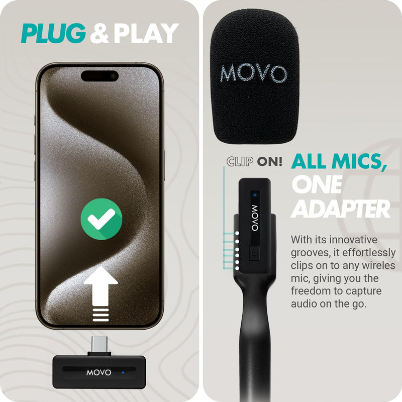 [AUSTRALIA] - Movo Wireless Mini UC Ultra Compact Wireless Lavalier Microphone for iPhone 15/16/17 and up with WMX-HM Handheld Adapter - Lapel Mic with Handle Mount for Content Creators, Interviews, Reporting USB-C 