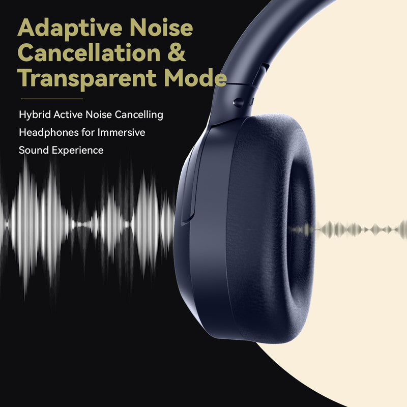 Hybrid Active Noise Cancelling Headphones, Wireless Over Ear Bluetooth Headphones with Mic, 40H Playtime, Hi-Res Audio, Deep Bass, Foldable Comfort Fit Ear Cups for Travel, Office, Home (Blue) Blue