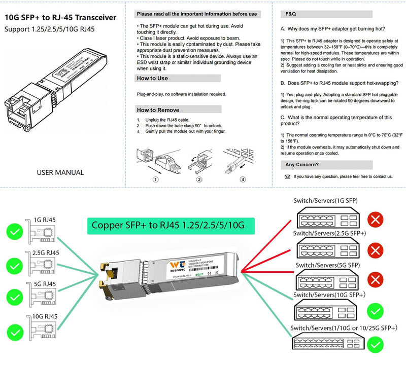 80-Meter 10G SFP+ to RJ45 Module 2 Pack, 10GBase-T Copper Transceiver | SFP to RJ45 CAT.6a/7 for 1G/2.5G/5G/10G, Compatible with Cisco, Ubiquiti, Netgear, Mikrotik Open Switch (Not for Intel) 2 Pack)10G-T: 80m
