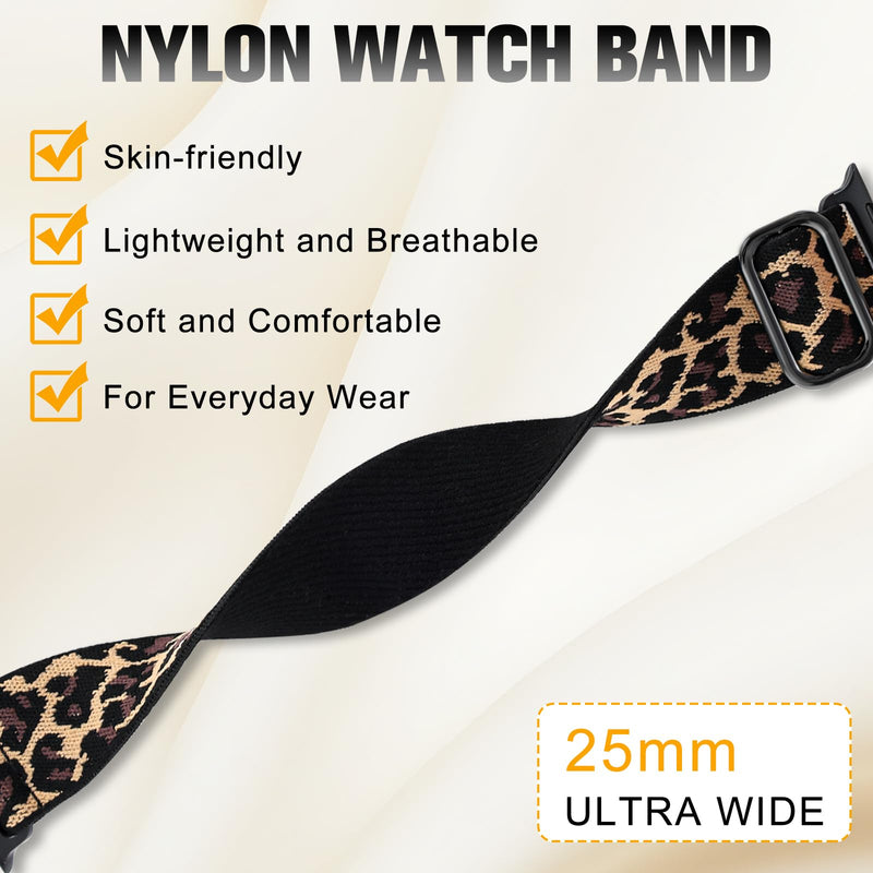 2-in-1 Stretchy Leopard Band Bumper Case for Apple Watch Series 9 SE Ultra | Elastic Cheetah Print Nylon Watch Strap Soft Protective Cover for Women Compatible with iWatch 40/41/44/45/49mm Sport Brown + Black 49mm for iWatch Ultra 3/2/1