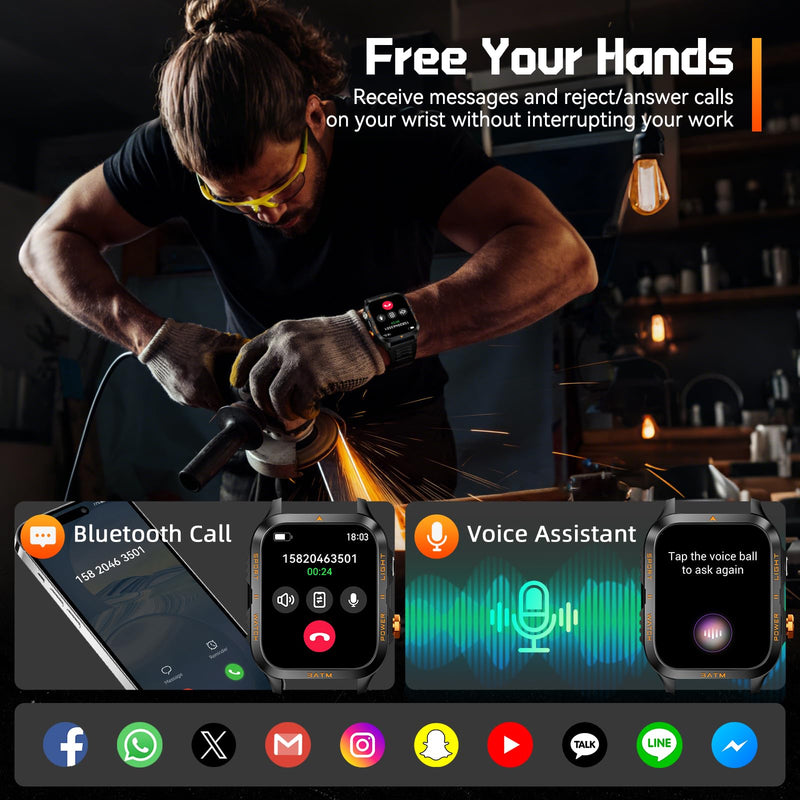 Military Smart Watches for Men (Answer/Make Call) 1.96" HD Big Screen | Rugged Tactical Smartwatch with LED Flashlight/880mAh/3ATM Waterproof/HR/Sleep Monitor, Fitness Tracker for iPhone Android Black