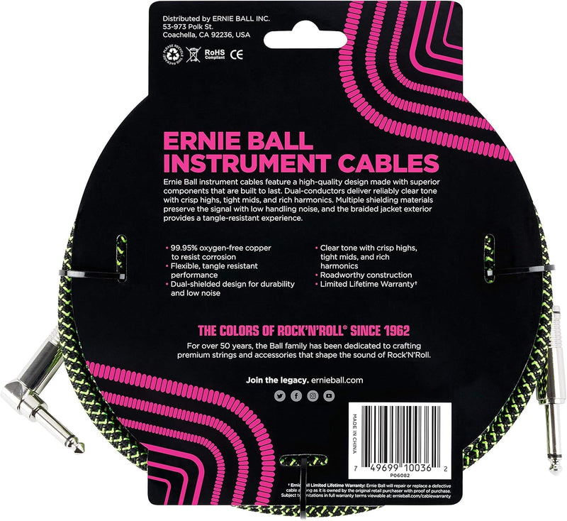 Ernie Ball Braided Instrument Cable Set Straight/Angle Length 18ft in Neon Green/Black (P06082) - Pack of 2
