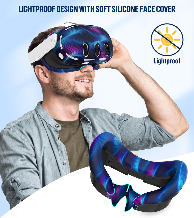 Silicone Cover Set Compatible with Oculus/Meta Quest 3, Touch Controller Grips Cover, VR Shell Cover, Facial Interface Cover, Protective Lens Cover, Tempered Glass Lens Caps (Aurora Blue) Aurora Blue