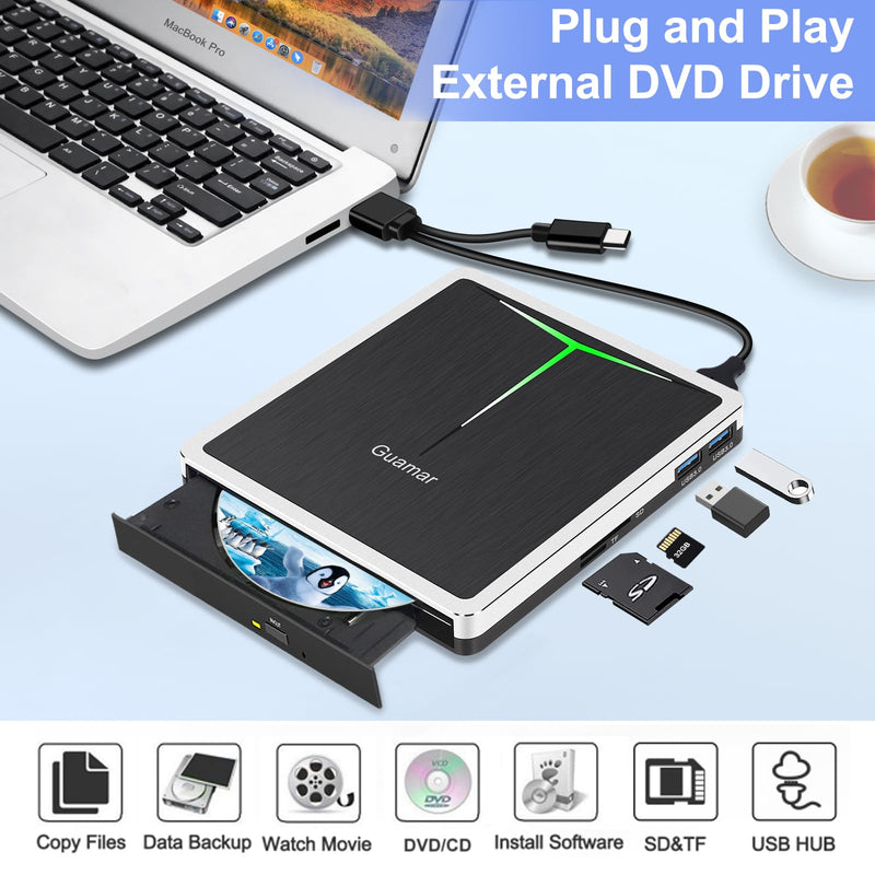 Guamar External DVD Drive for PC: USB-C CD Burner Player for Laptop Mac Windows 11 with SD/TF Slot/2 USB Ports/Carrying Case Read Write Music/Movie/Photo Portable Plug & Play Silver