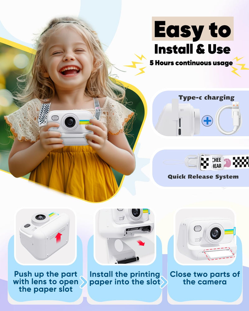 Kids Camera Instant Print, Christmas Birthday Gifts for Girls and Boys Age 3-12,1080P Kids Instant Cameras That Print Photos,Portable Toddler Toy for 3 4 5 6 7 8 9 10 11 Year Old Boys White