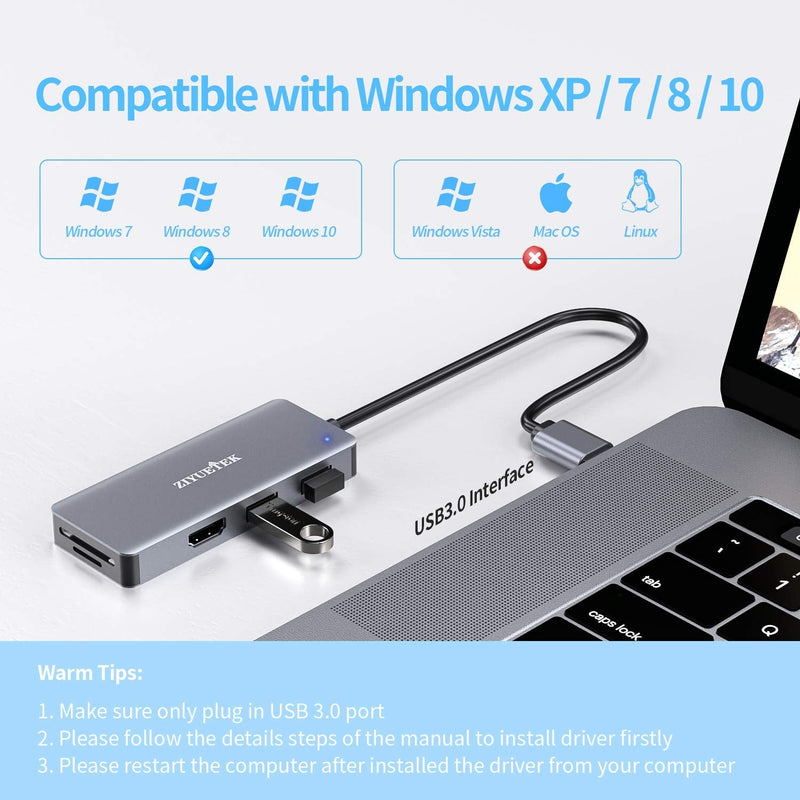 USB to HDMI Adapter, 5-in-1 USB hub 3.0 with HDMI 1080p for Extended Monitor PC Laptop Desktop, 2 USB Ports, SD and Micro SD Card Reader[for Windows Series Laptop PC only] USB3.0